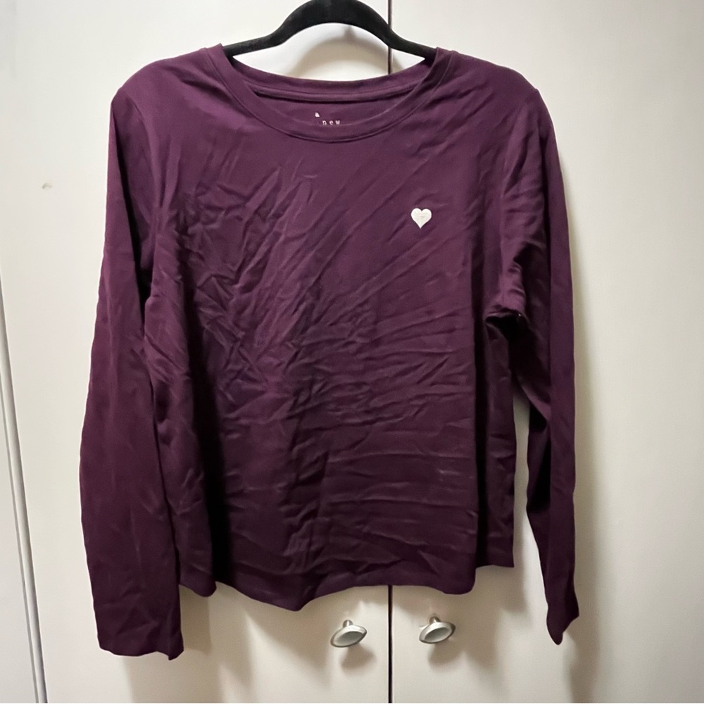 Women's Purple Long Sleeve Top with Small White Heart on Chest